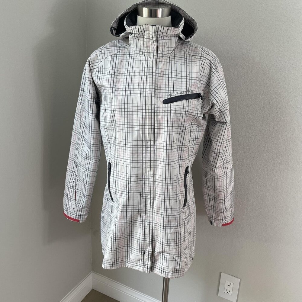 Helly Hansen Jacket Womens Small White Plaid Helly Tech Hooded Ski Jacket Long
